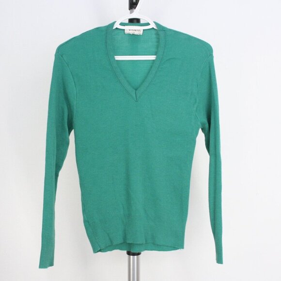 VTG Sz S/M Aristocrat Green V-Neck Tight Knit Pullover Sweater - Picture 1 of 10